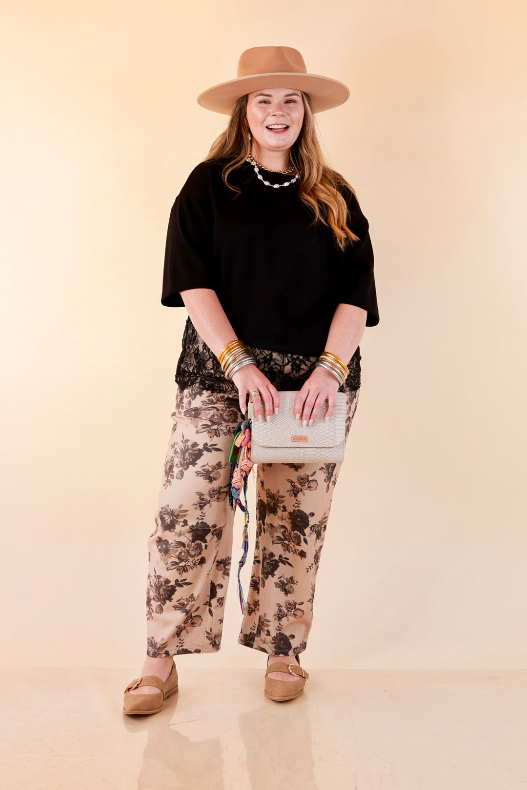 Just My Type Floral Print Wide Leg Barrel Jeans with Drawstring Waist in Beige
