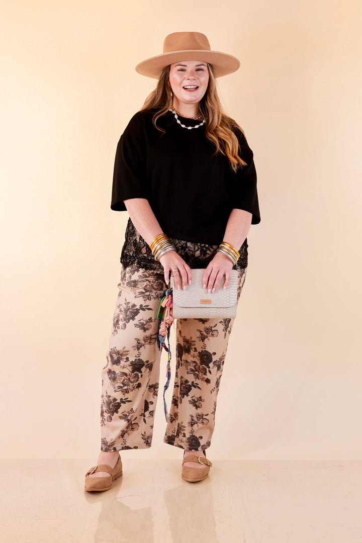 Just My Type Floral Print Wide Leg Barrel Jeans with Drawstring Waist in Beige