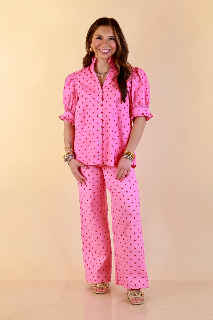 Poised and Polished Button Front Puff Sleeve Top with Polka Dot Print in Pink and Red