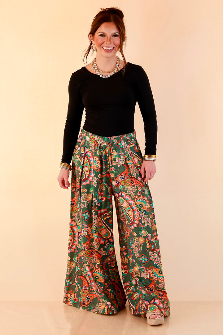 Free to Be Paisley Print Wide Leg Elastic Waist Pants in Olive Green