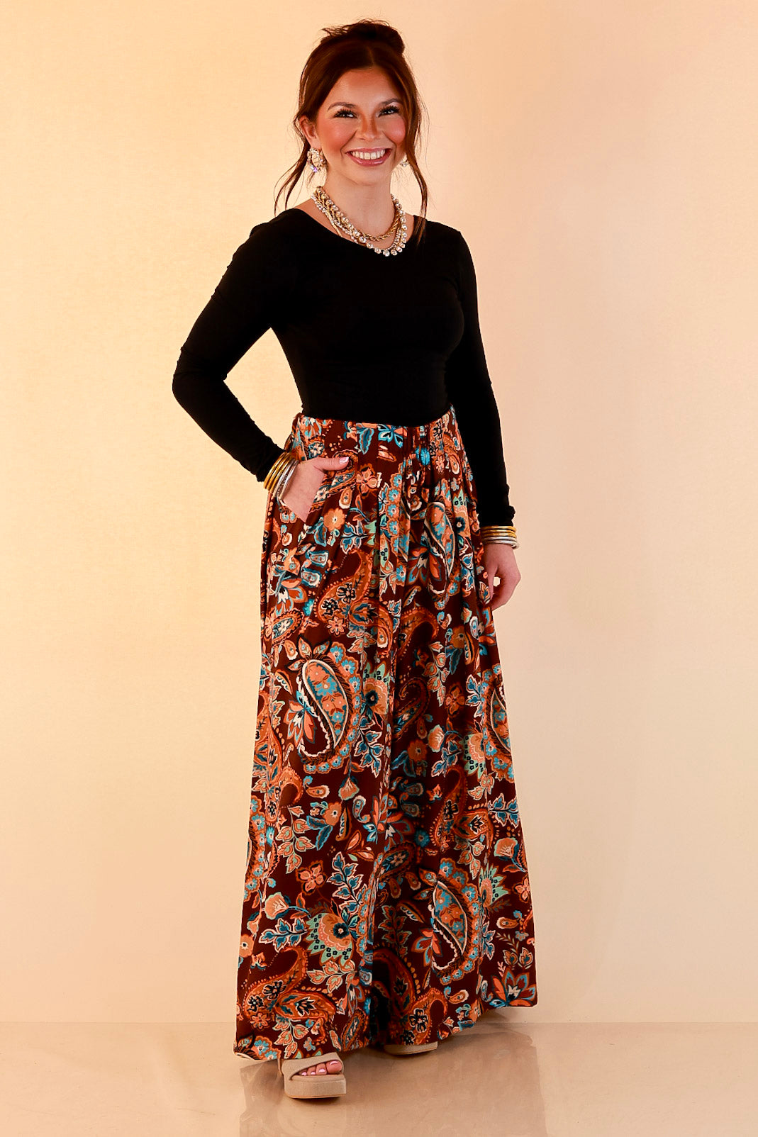 Free to Be Paisley Print Wide Leg Elastic Waist Pants in Chocolate Brown