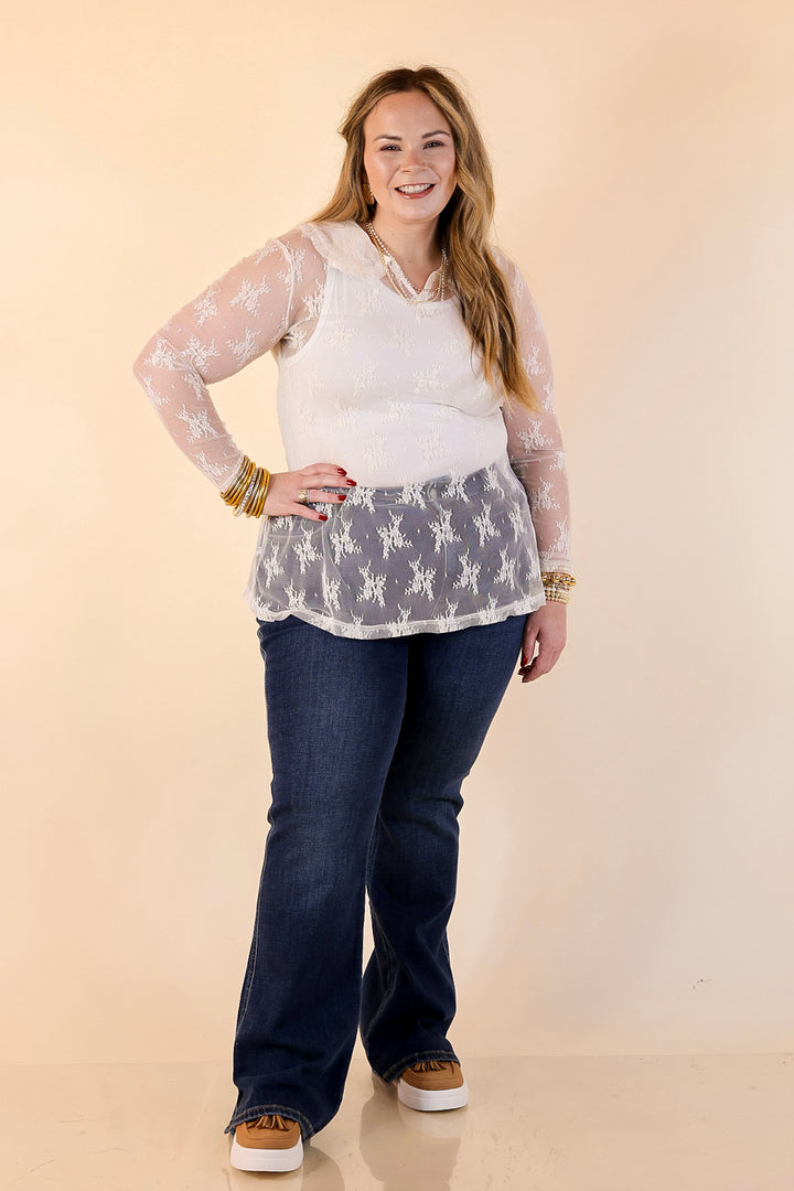 Pretty and Poised Floral Print Lace Top with Ruffle Peter Pan Collar in Ivory