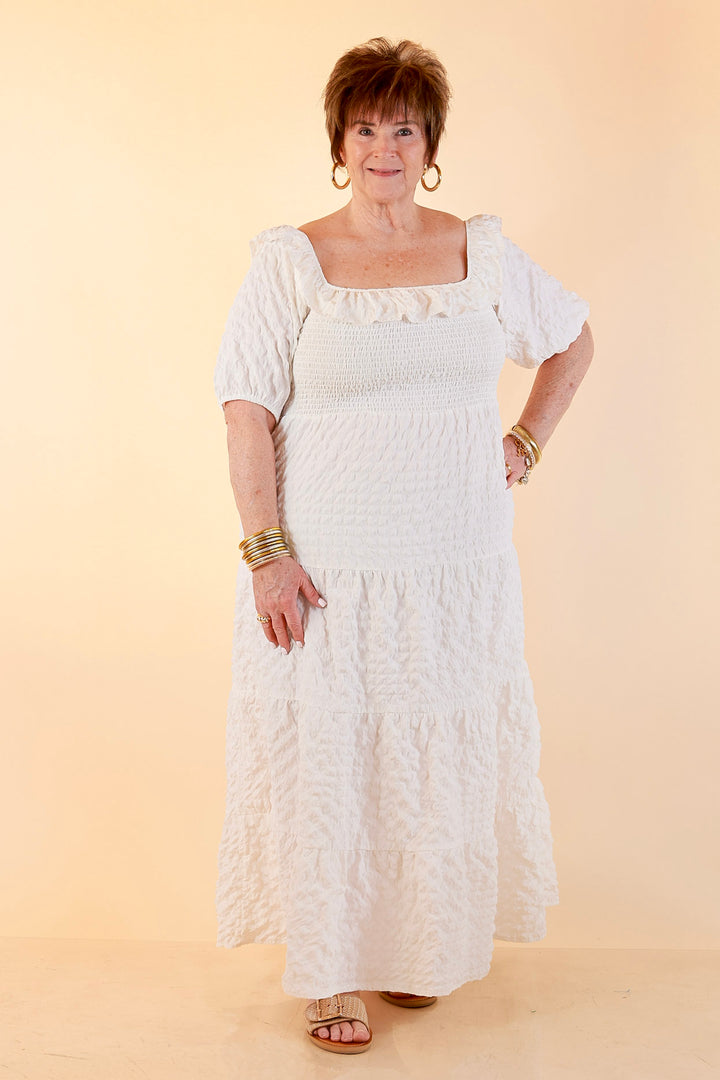 Simply Southern | Radiant Moment Textured Smocked Bodice Tiered Maxi Dress with Puff Sleeves in White