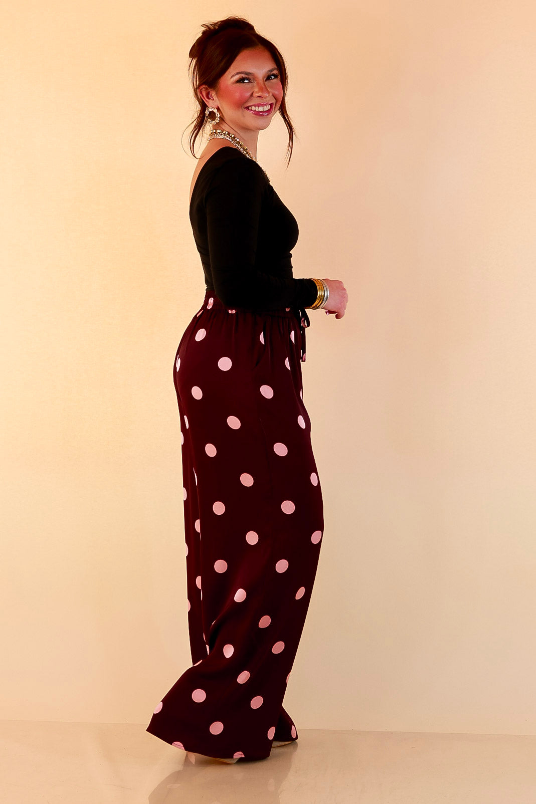 Two of a Kind Full Length Wide Leg Pull-On Drawstring Blush Pink Polka Dot Pants in Maroon