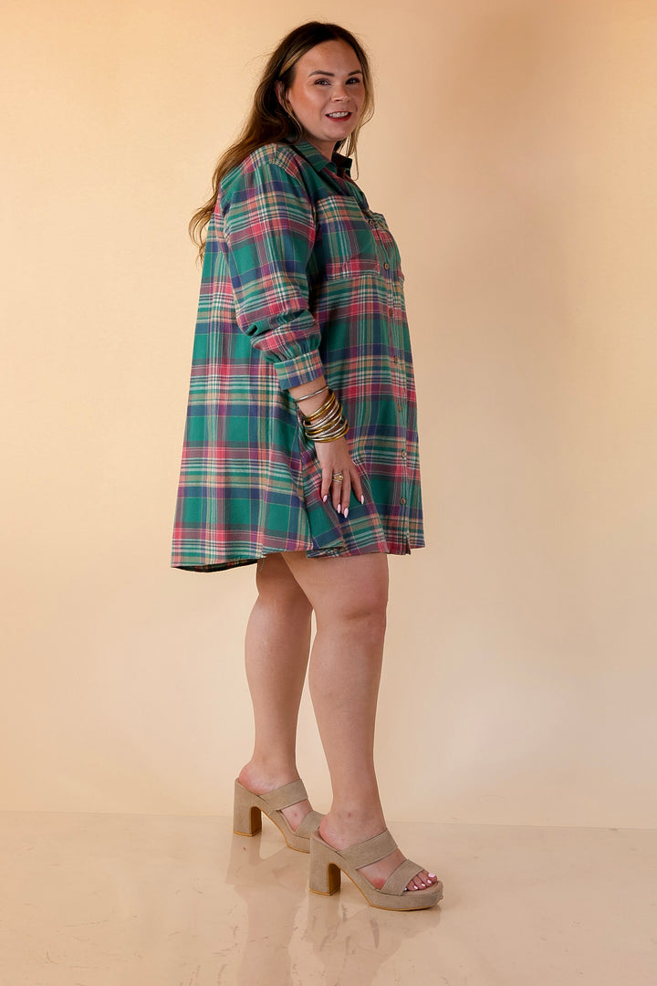 Vibrant Lifestyle Plaid Button Up Dress in Teal and Pink