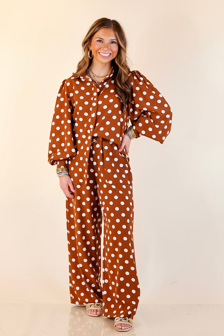 Better Together Polka Dot Button Up Collared Top with Poofy Sleeves in Brown