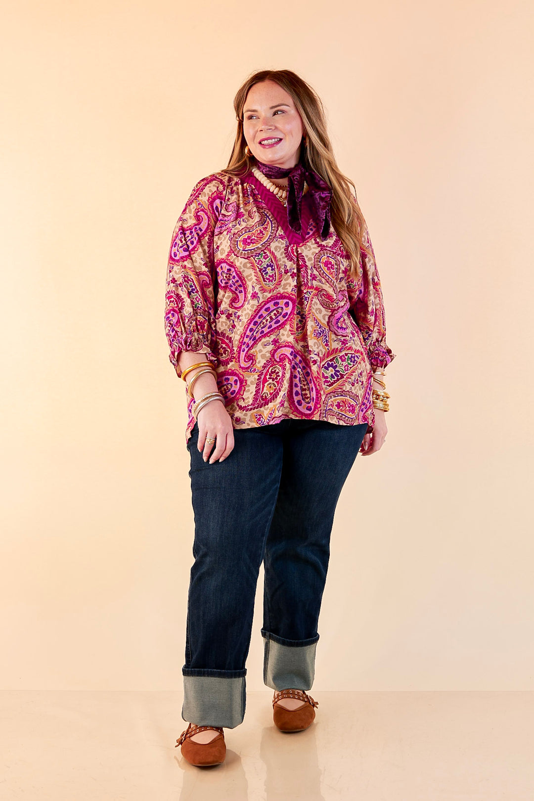 Caught My Eye Ruffle Contrast Stripe Detail Neck Balloon Sleeve Paisley Print Blouse in Fuchsia Pink Multi