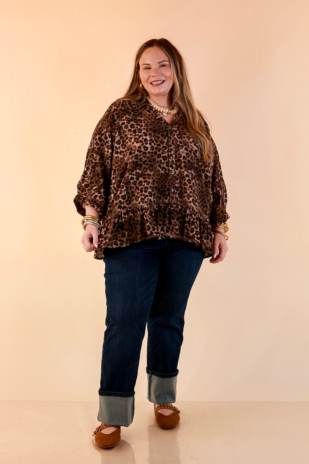 Quite the Impression Collared Button Front Leopard Print Peplum Top in Brown Multi