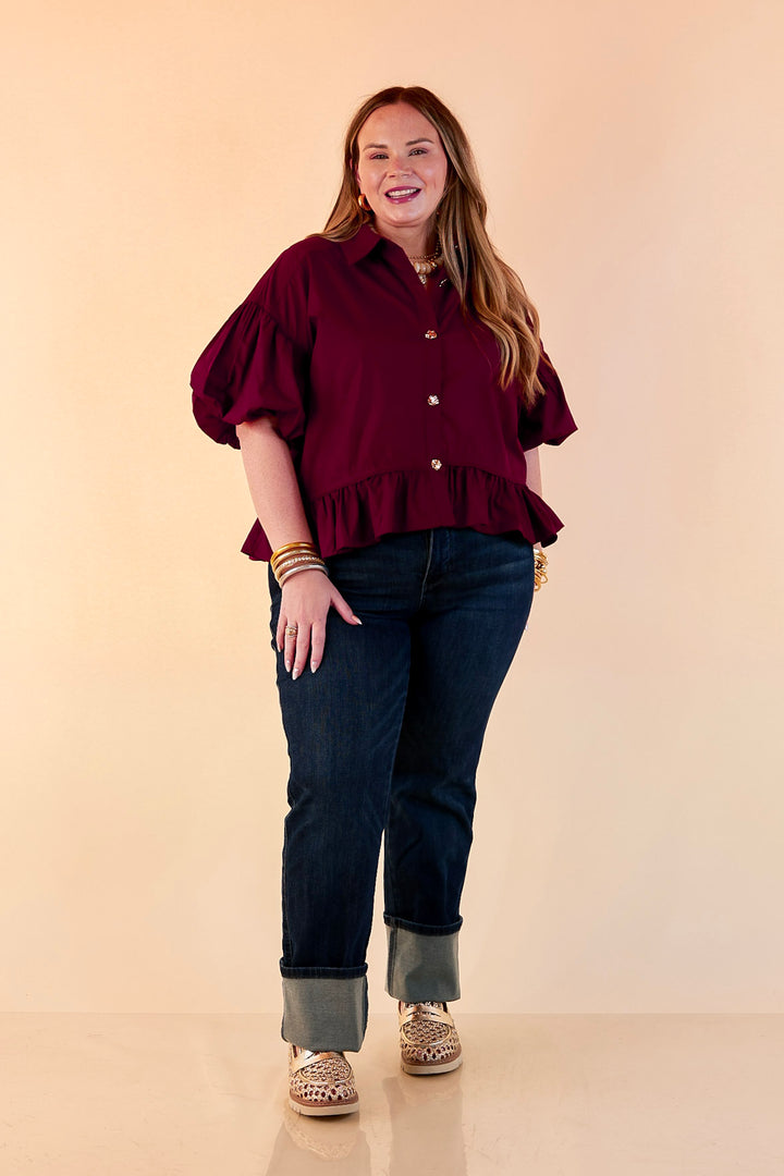 Style in Session Solid Button Down Peplum Bubble Sleeve Top in Maroon