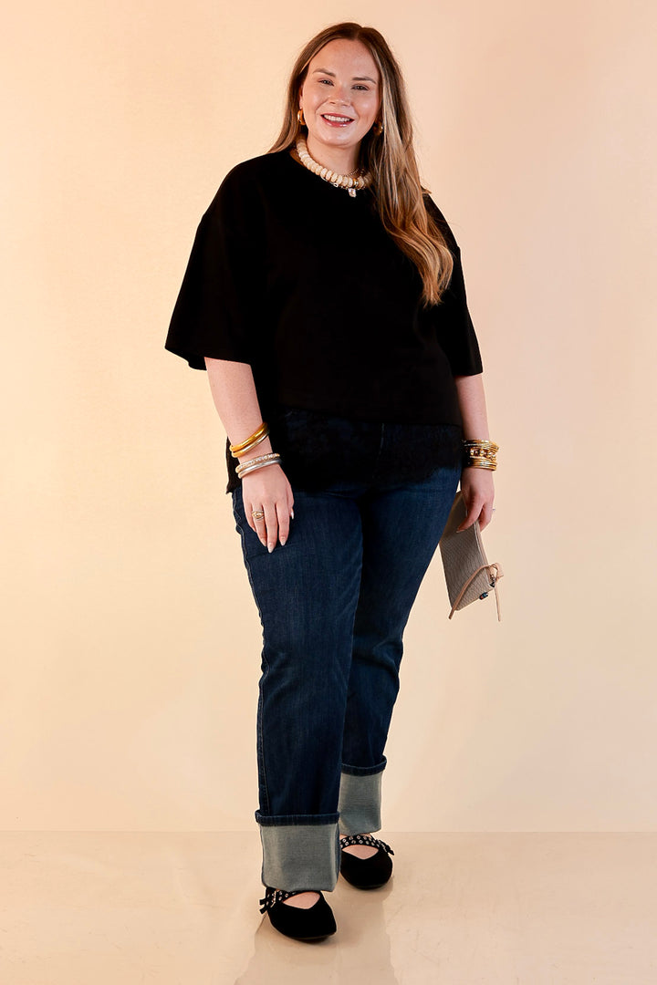 Laced with Charm Oversized Asymmetrical Lace Trim Boxy Top in Black