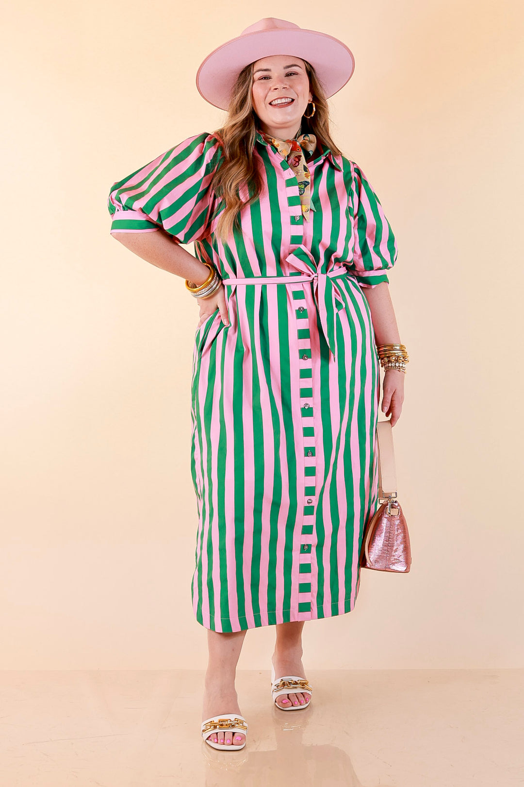 Palm Springs Pretty Puff Sleeve Button Front Belted Midi Dress with Stripe Print in Pink and Kelly Green