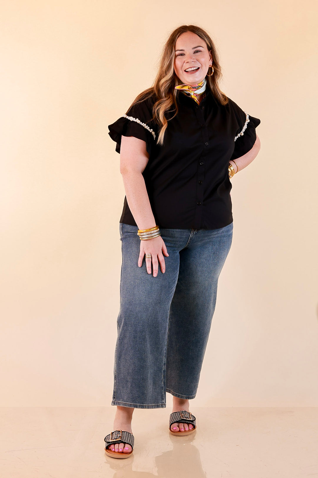 Pearl Perfection Pearl Trim Ruffle Sleeve Button Front Top in Black