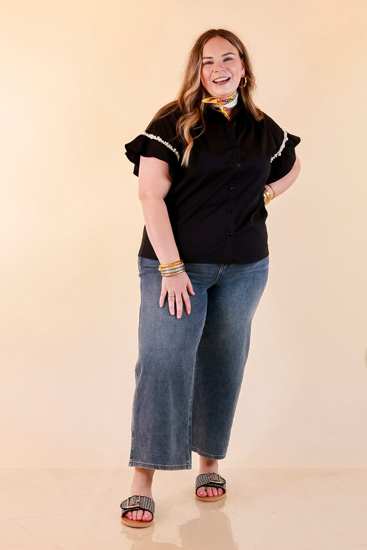Pearl Perfection Pearl Trim Ruffle Sleeve Button Front Top in Black
