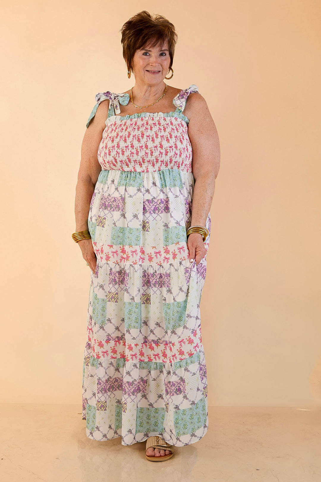 Simply Southern | Spring Symphony Patchwork Print Smocked Maxi Dress with Shoulder Ties and Tiered Skirt in Multi Floral