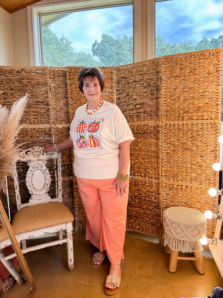 Prettiest in the Patch Stripe and Pumpkin Fall Graphic Tee in Natural