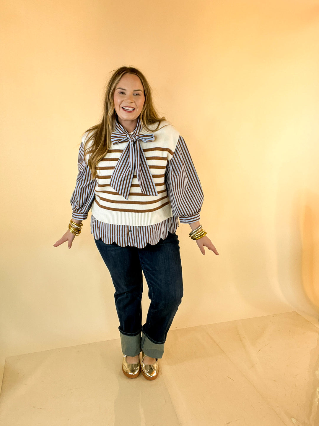 In Good Company Striped Bow Neck Scalloped Hem Blouse in Blue and Brown