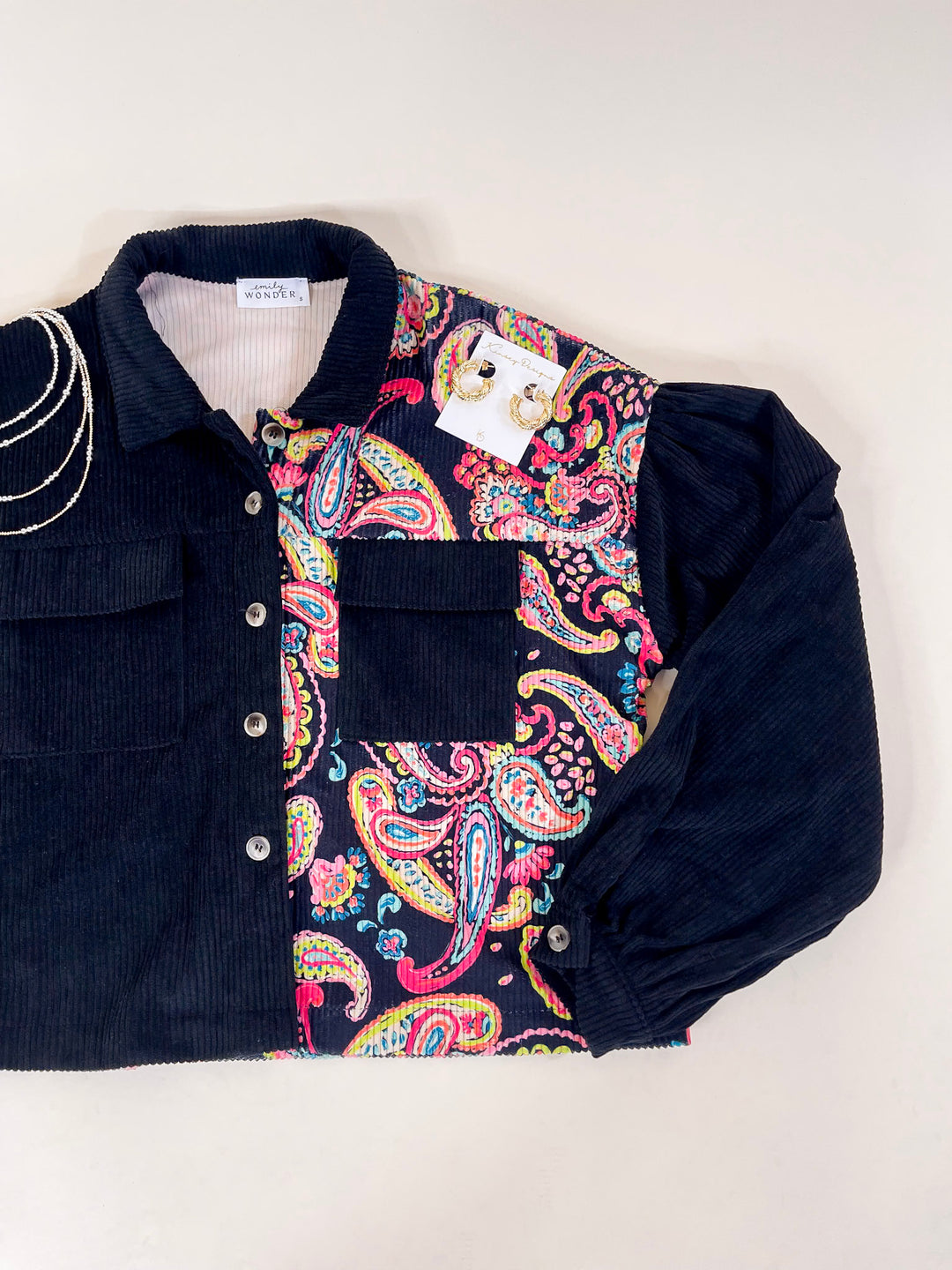 Manhattan Breeze Corduroy Button Up Shacket with Multicolor Paisley Print in Black
