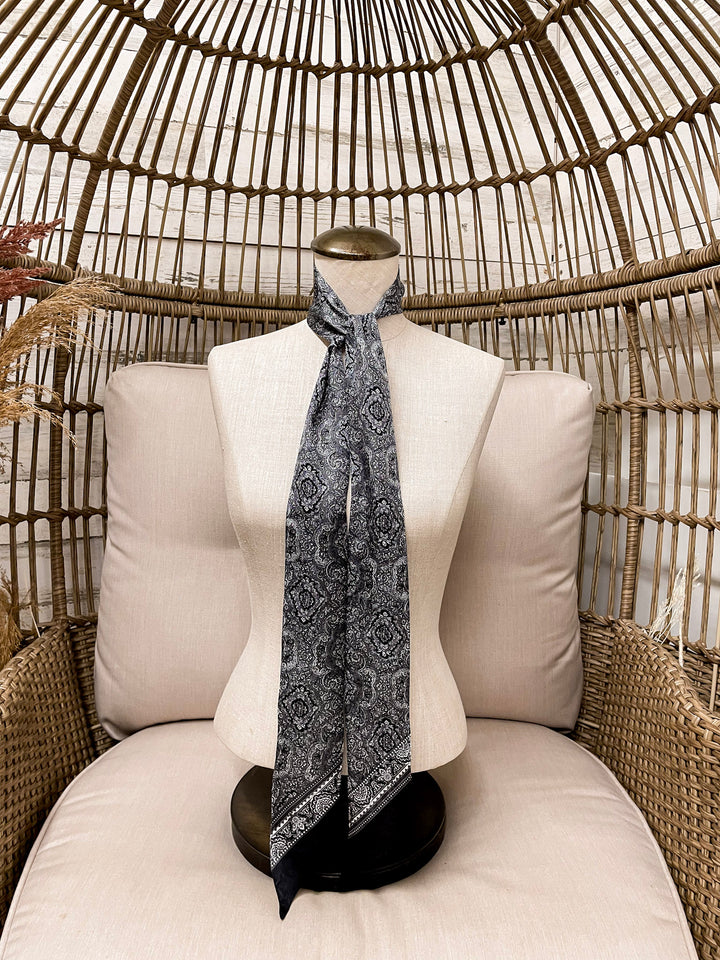 Wyoming Traders | Paisley Print Silk Twilly Scarf in Silver and Black