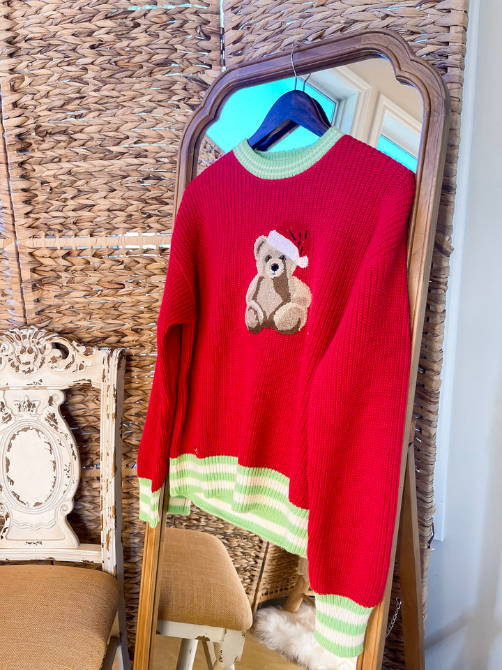 Simply Southern | Beary Merry Crewneck Sweater with Teddy Bear Graphic and Green Trim in Red