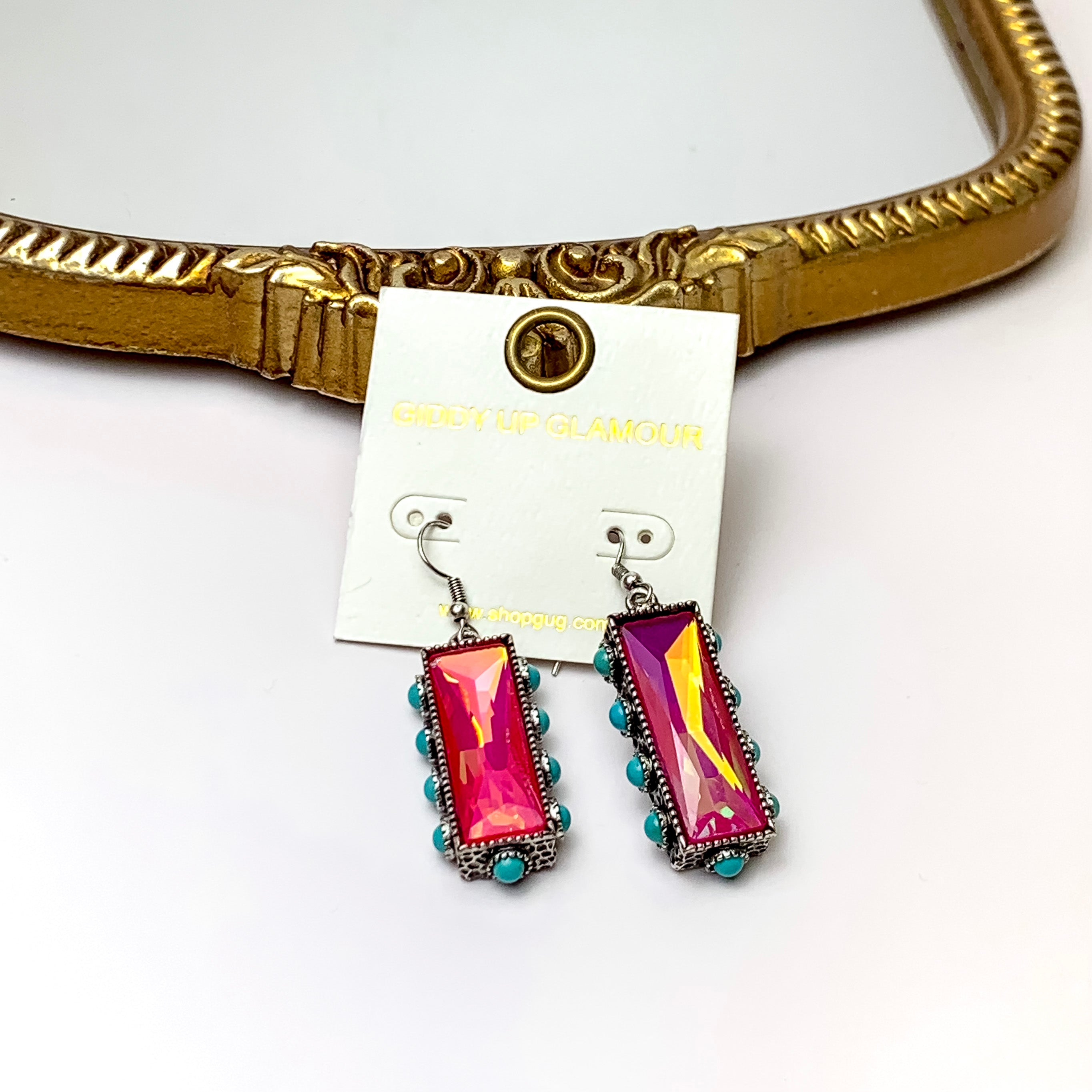 Fuchsia Pink Crystal Bar Drop Earrings with Faux Turquoise Border Accents - Giddy Up Glamour Boutique