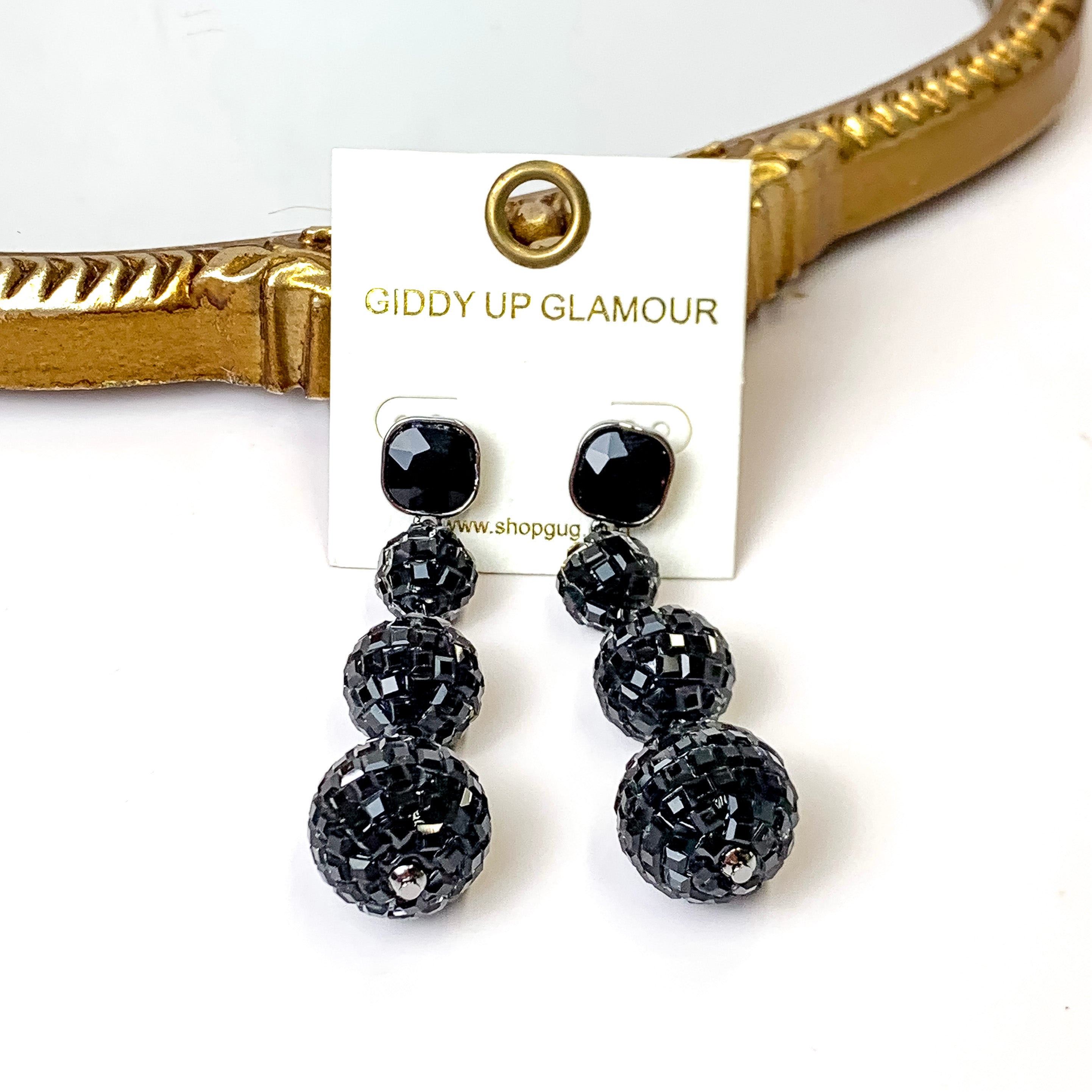 Cushion Crystal Post Disco Ball Dangle Earrings in Black - Giddy Up Glamour Boutique