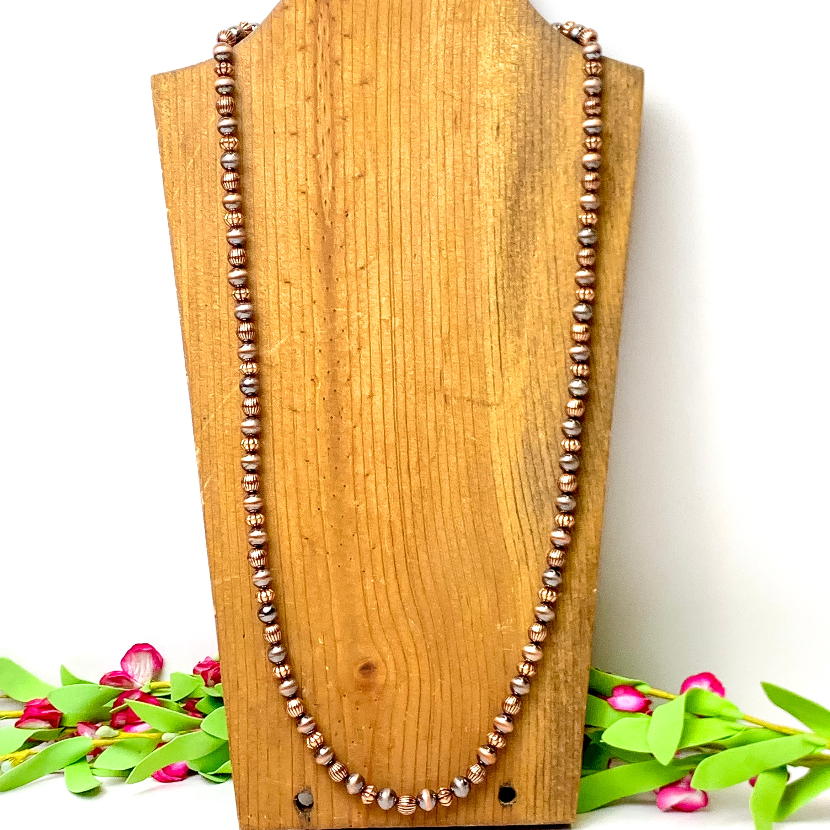 Long Faux Navajo Pearl Necklace with Corrugated Spacers in Copper Tone - Giddy Up Glamour Boutique