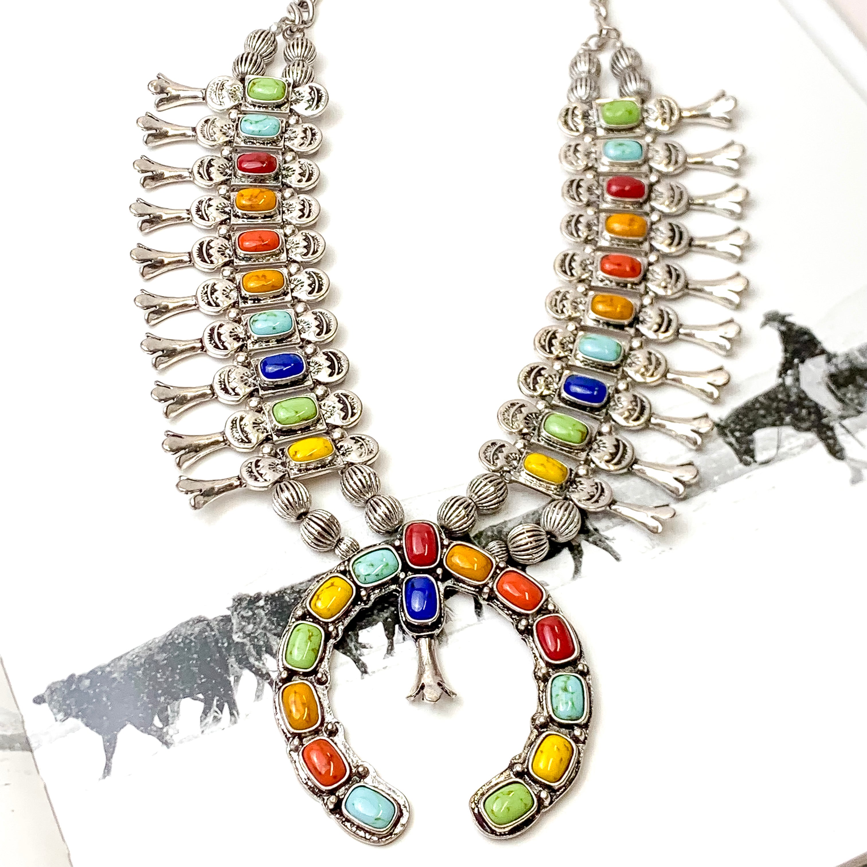 Silver Tone Chain Squash Blossom Necklace with Naja Pendant in Multicolor - Giddy Up Glamour Boutique