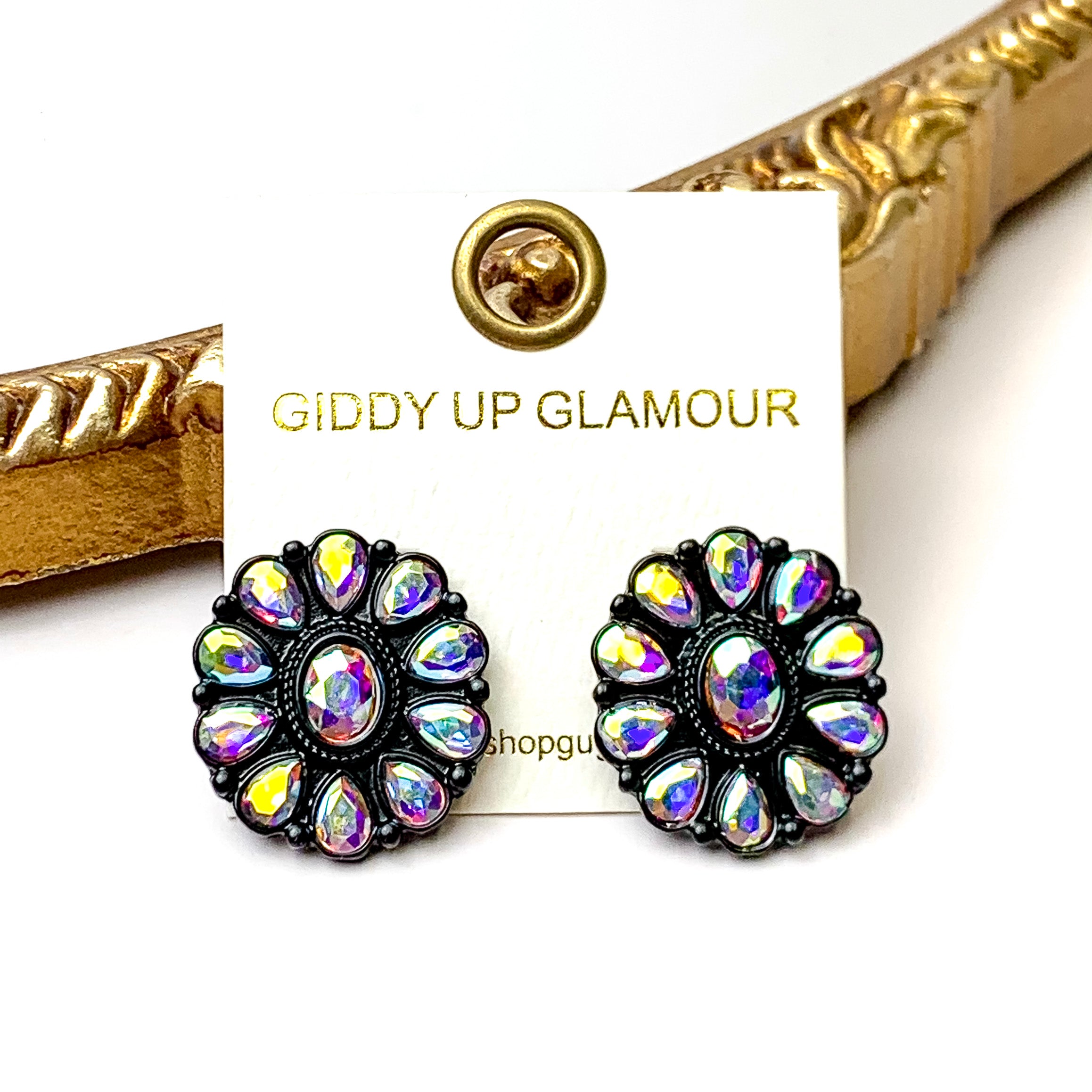 Prismatic Petal AB Stone Flower Concho Stud Earrings in Black - Giddy Up Glamour Boutique
