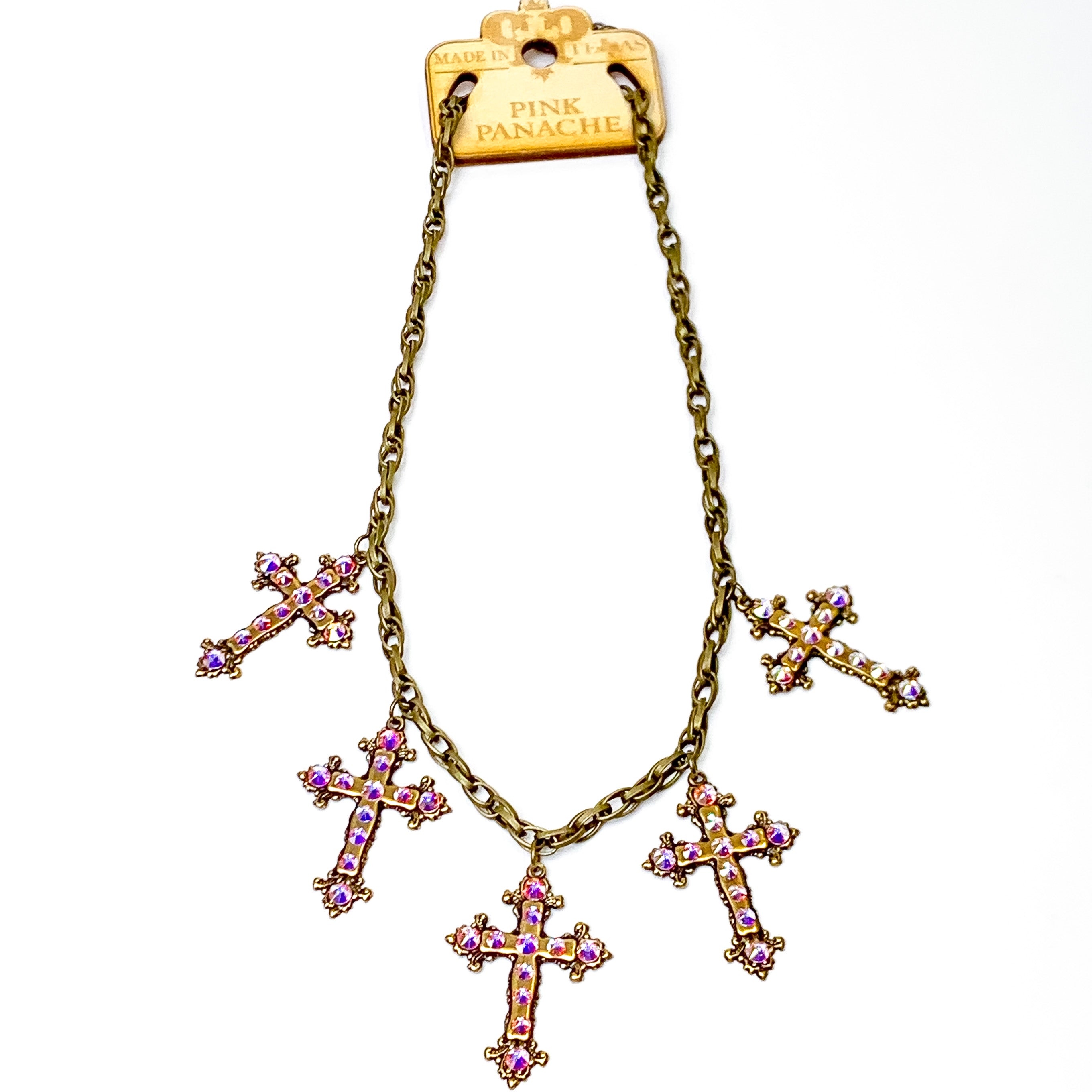 Pink Panache | Divine Sparkle Bronze Tone Necklace with Cross Charms and AB Crystal Accents