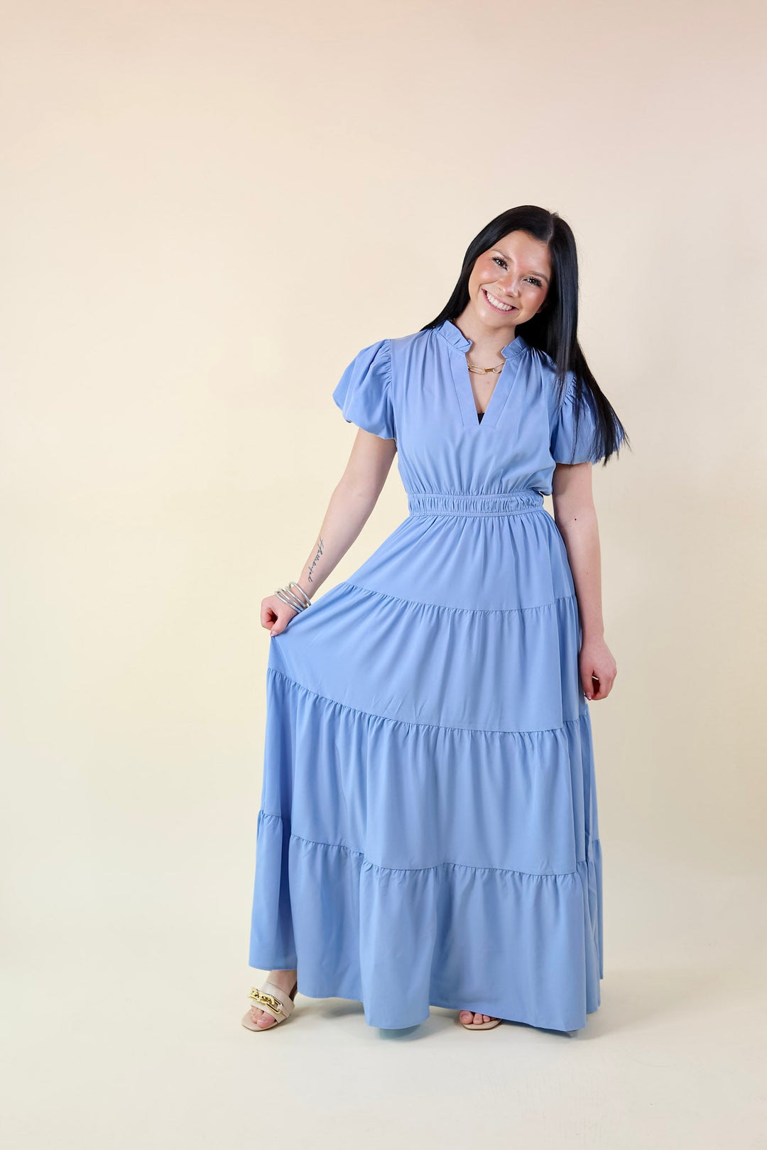 Table for Two Tiered Maxi Dress with Puff Sleeves in Chambray Blue - Giddy Up Glamour Boutique