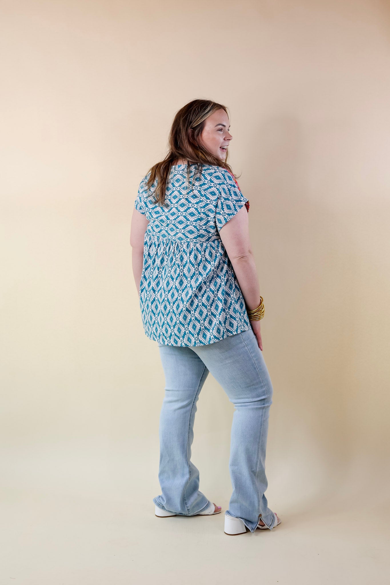 Fredericksburg In the Spring Aztec Print Embroidered Top with Front Keyhole in Turquoise Blue - Giddy Up Glamour Boutique