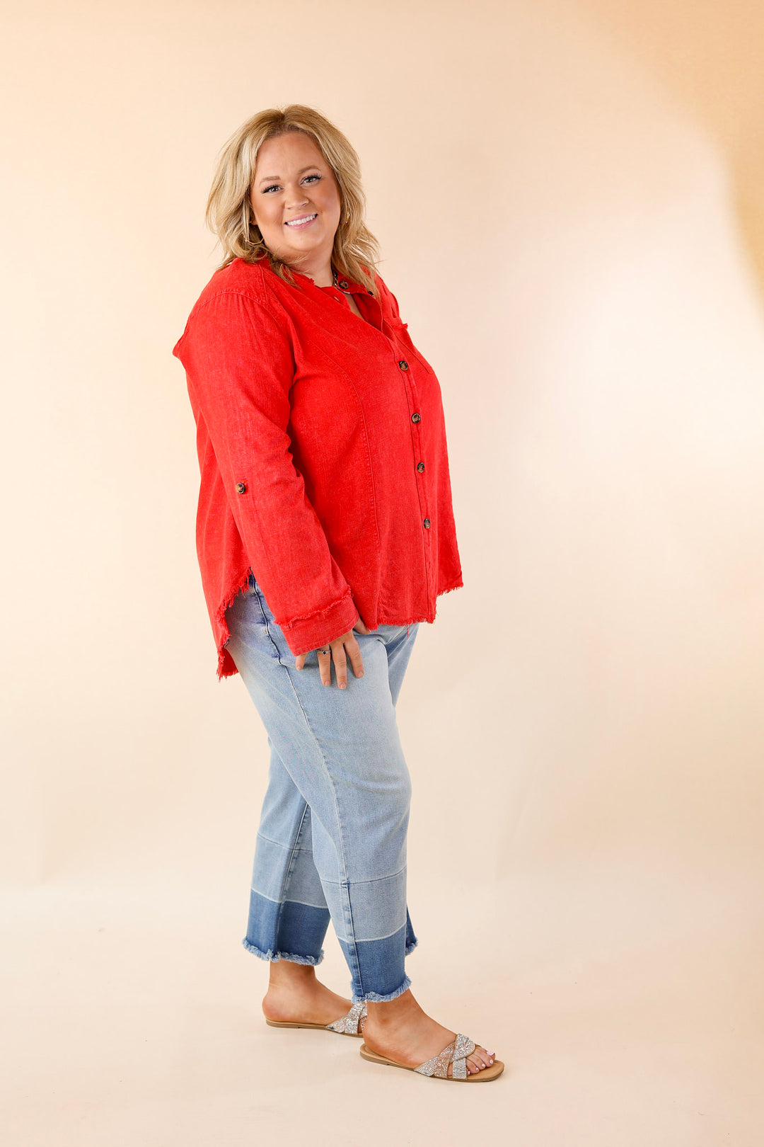 Classic Comfort Long Sleeve Linen Button Up in Cherry Red - Giddy Up Glamour Boutique