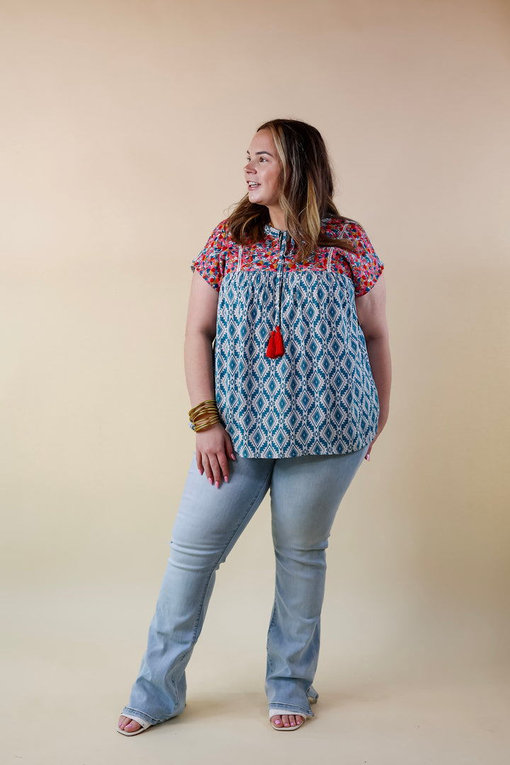 Fredericksburg In the Spring Aztec Print Embroidered Top with Front Keyhole in Turquoise Blue - Giddy Up Glamour Boutique