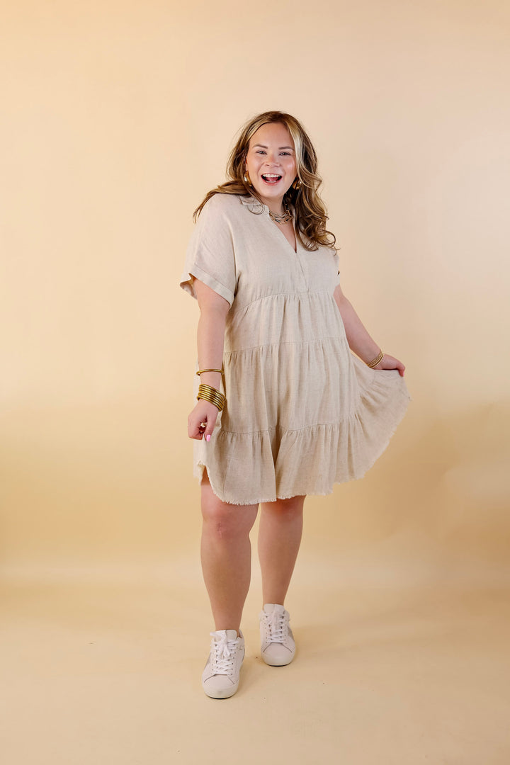 Taos Transitions Ruffle Tiered Collared Dress with Frayed Hem in Beige - Giddy Up Glamour Boutique
