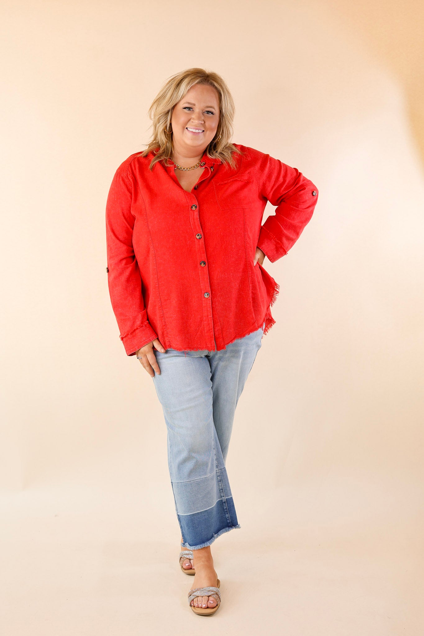 Classic Comfort Long Sleeve Linen Button Up in Cherry Red - Giddy Up Glamour Boutique