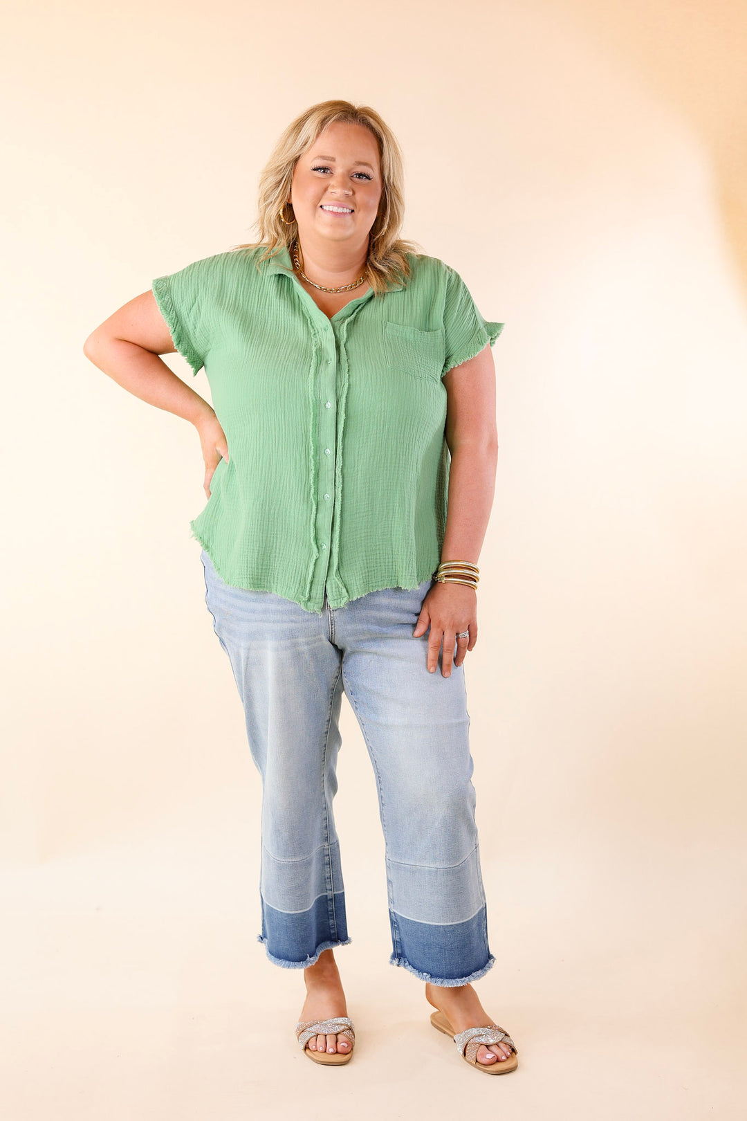 Right On Cue Button Up Raw Hem Top in Spring Green - Giddy Up Glamour Boutique