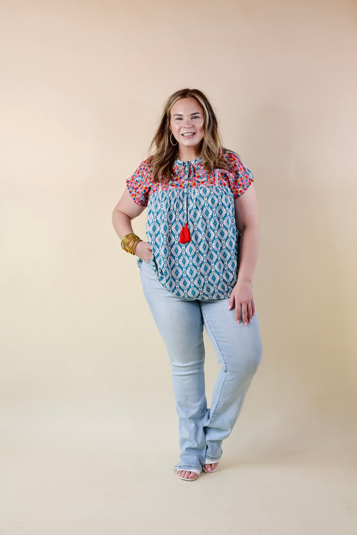 Fredericksburg In the Spring Aztec Print Embroidered Top with Front Keyhole in Turquoise Blue - Giddy Up Glamour Boutique