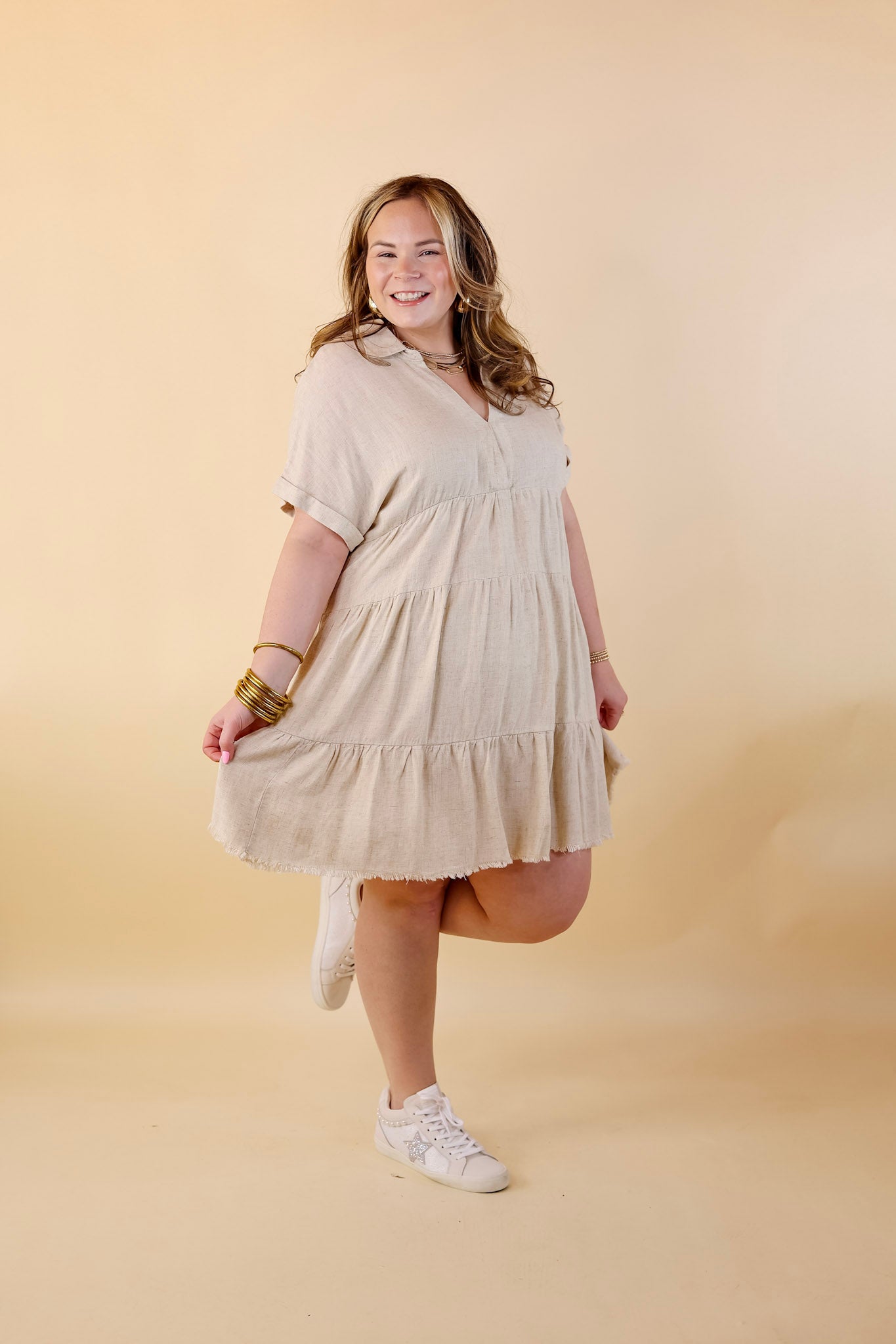 Taos Transitions Ruffle Tiered Collared Dress with Frayed Hem in Beige - Giddy Up Glamour Boutique