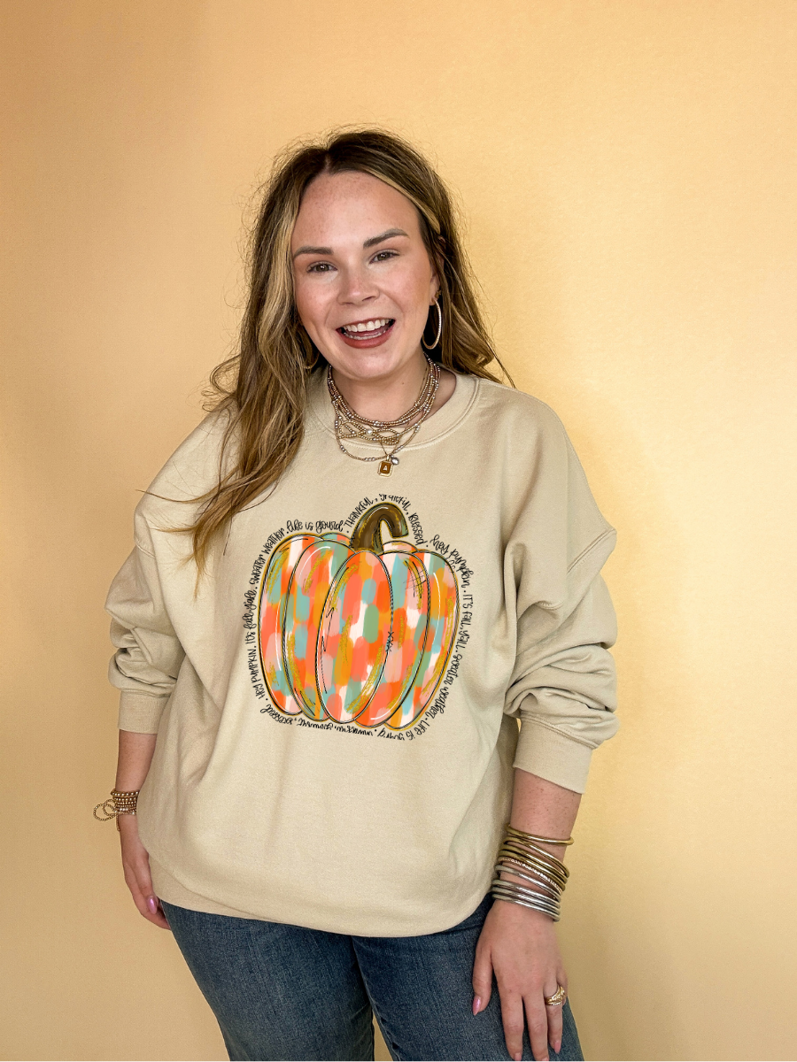 Online Exclusive | Positively Pumpkin Gold and Multi Colored Pumpkin with Fall Sayings Graphic Sweatshirt in Multiple Color Options