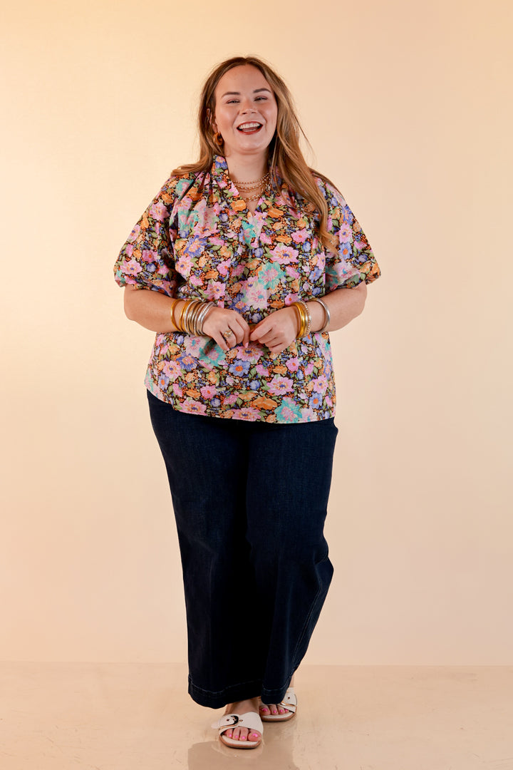 Blooming Beauty Floral Print V Neck Top with Smocked Neckline and Puff Sleeves in Multi Color