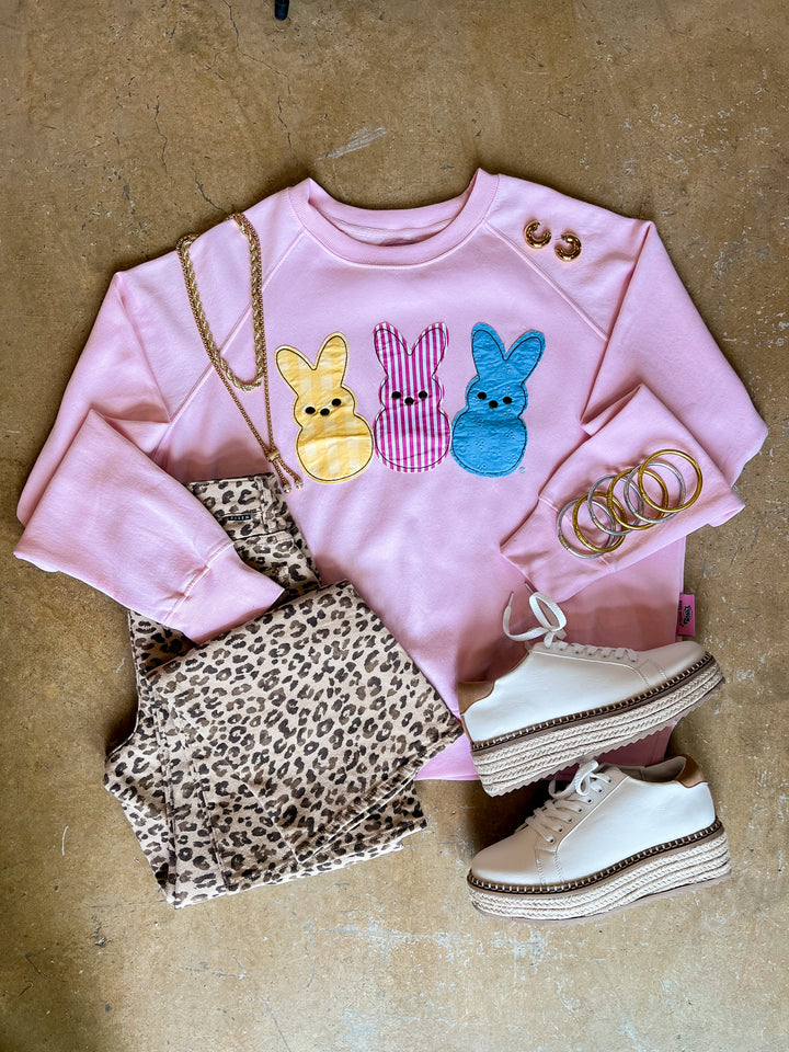 Simply Southern | Hop Into Happy Appliqué Bunny Graphic Sweatshirt in Light Pink