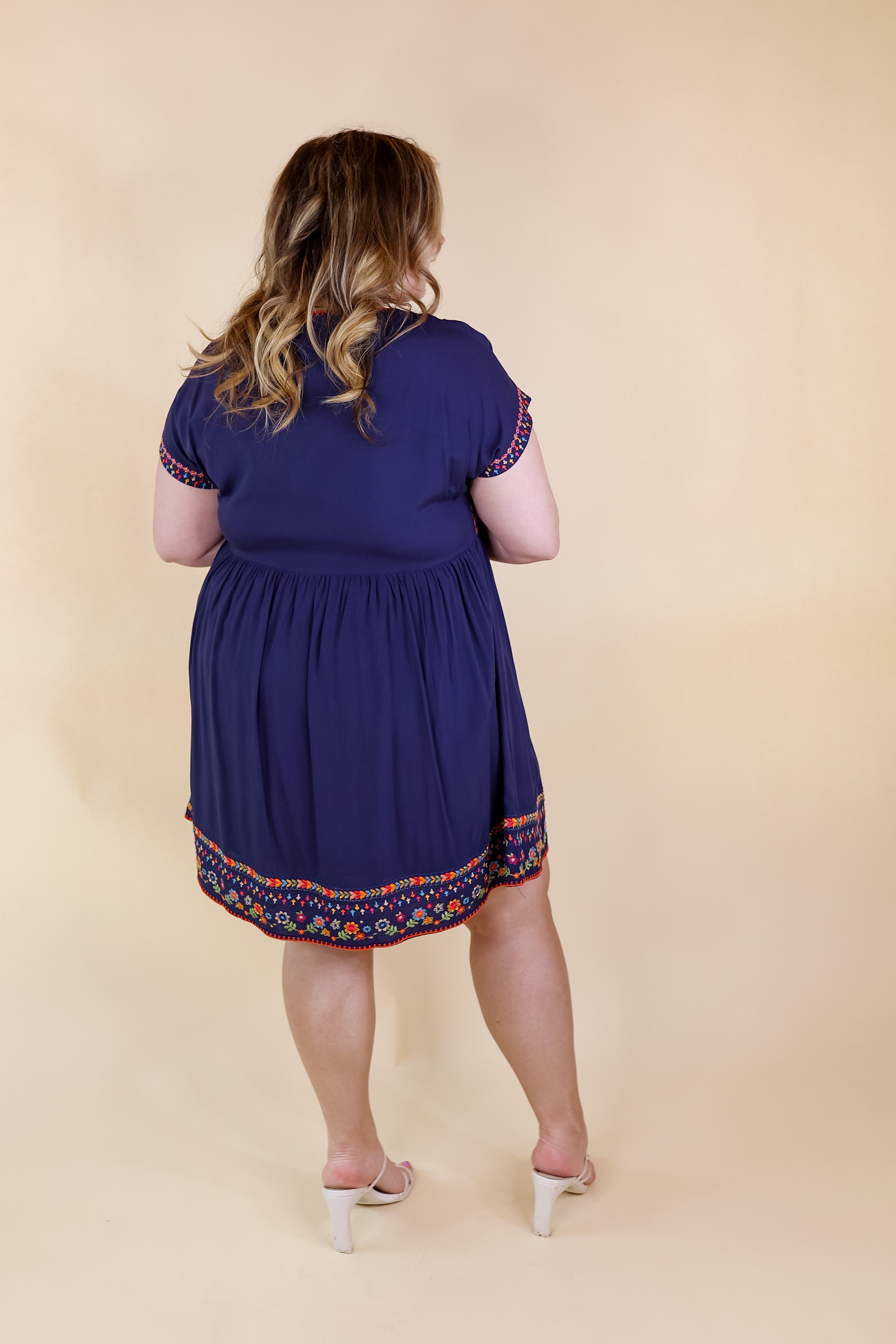 Passing Through V Neck Embroidered Dress with Short Sleeves in Navy Blue - Giddy Up Glamour Boutique