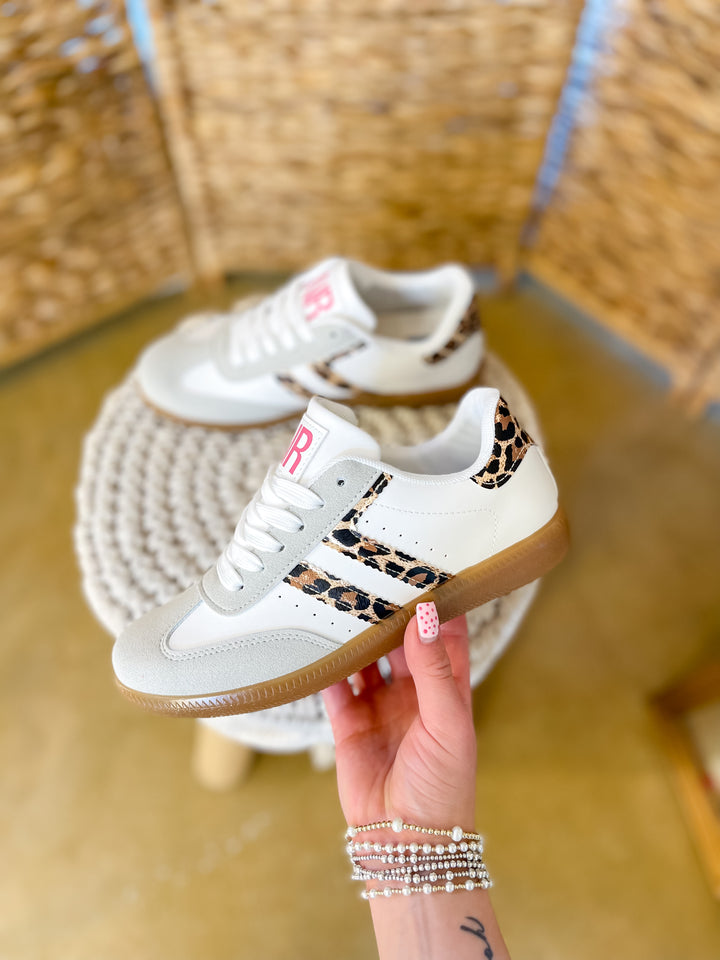 Naughty Monkey | Right on Track Retro Lace-Up Sneaker in White with Leopard Print Detail