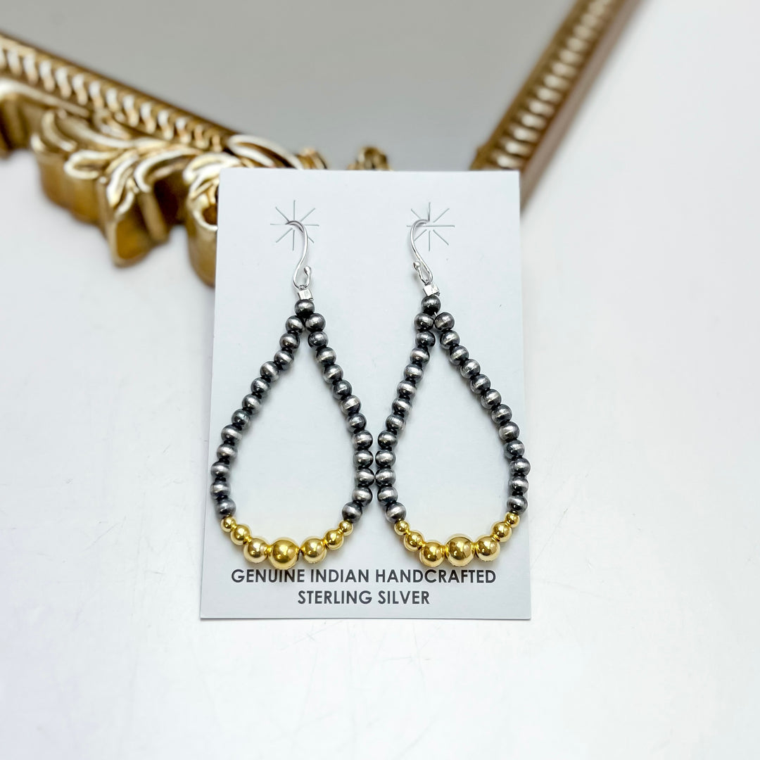 Sterling Silver 4MM Navajo Pearl &amp; 14K Gold Teardrop Hoop Earrings