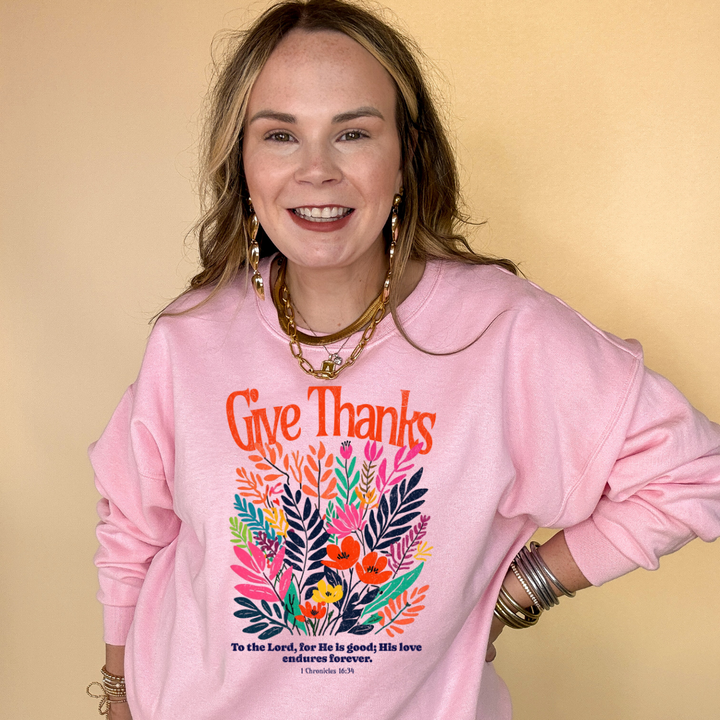 Online Exclusive | 1 Chronicles 16:34 Give Thanks Floral Fusion Graphic Sweatshirt in Multiple Color Options