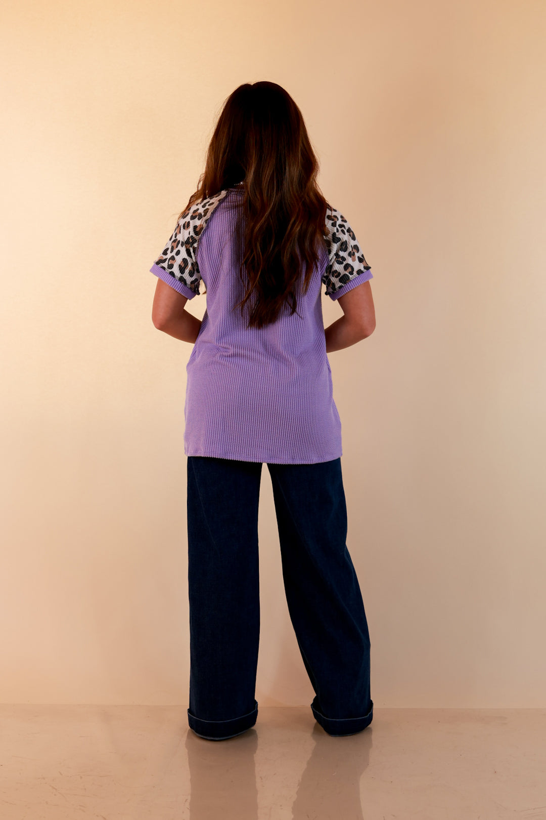 Easy Attraction Waffle Knit V Neck Top with Leopard Print Sleeves in Lavender Purple