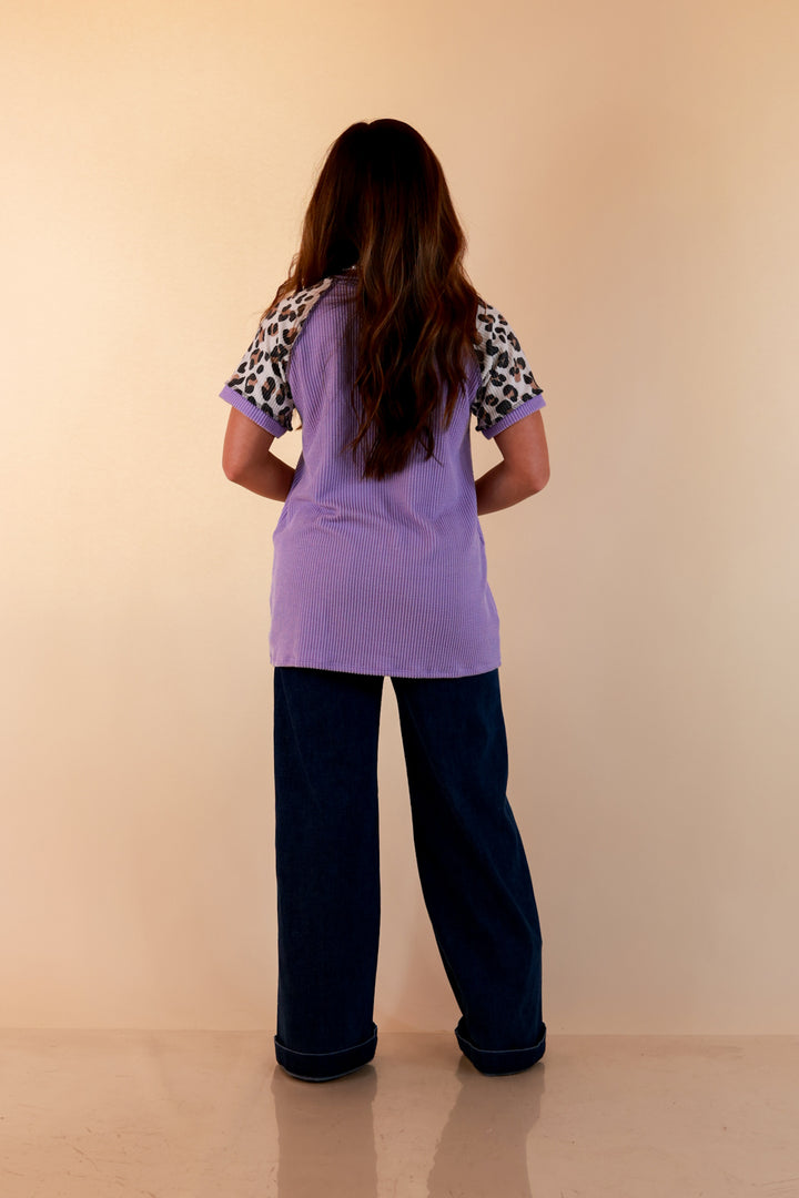 Easy Attraction Waffle Knit V Neck Top with Leopard Print Sleeves in Lavender Purple