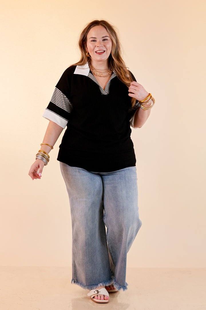 Chic by Design Ribbed Collared Top with Contrast Stripe Short Sleeves in Black