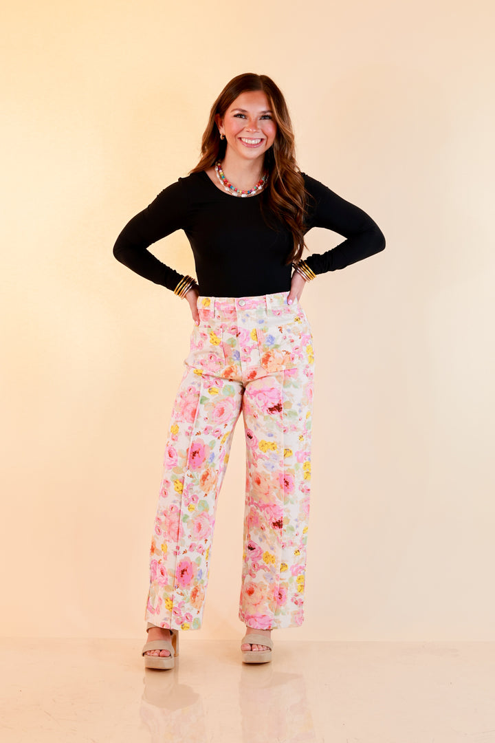 Rosy Outlook Floral Print Wide Leg Denim Pants with Front Seam in Cream