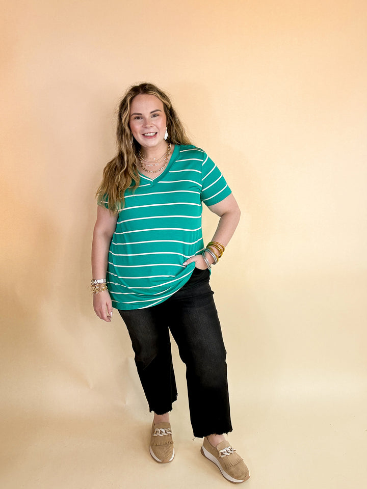 Keep Things Casual Striped V Neck Tee in Teal